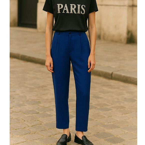 Free People Vintage 6 High Waist Straight Leg Dress LINEN Pants Crop Cobalt Blue - Picture 1 of 6